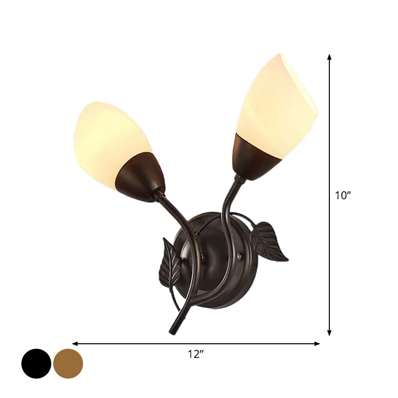 Rustic Tulip Wall Sconce Light 2 Bulbs Opal Frosted Glass Wall Mounted Lamp in Black/Gold for Bedroom Clearhalo 'Wall Lamps & Sconces' 'Wall Lights' Lighting' 1972161