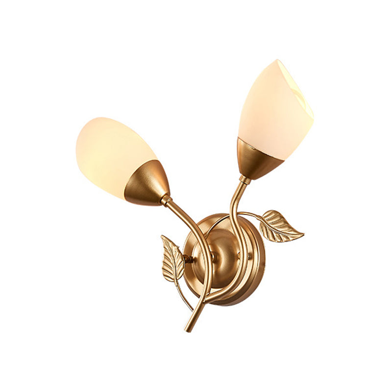 Rustic Tulip Wall Sconce Light 2 Bulbs Opal Frosted Glass Wall Mounted Lamp in Black/Gold for Bedroom Clearhalo 'Wall Lamps & Sconces' 'Wall Lights' Lighting' 1972167