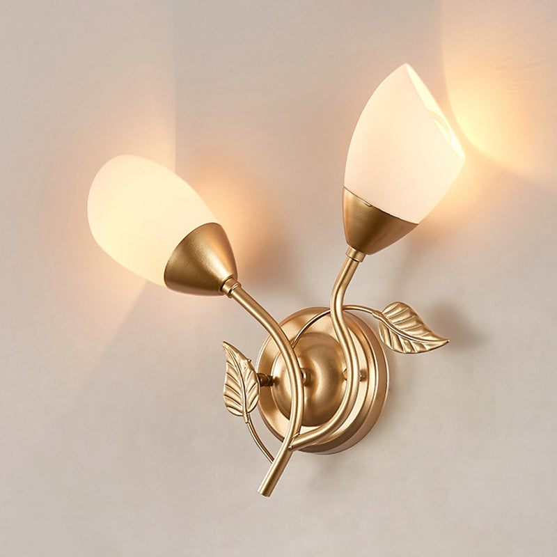 Rustic Tulip Wall Sconce Light 2 Bulbs Opal Frosted Glass Wall Mounted Lamp in Black/Gold for Bedroom Clearhalo 'Wall Lamps & Sconces' 'Wall Lights' Lighting' 1972168