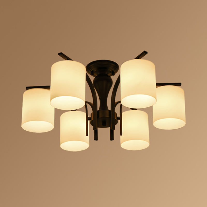 White Glass Cylinder Semi Mount Lighting Vintage 3/5/8-Light Living Room Flush Ceiling Light in Black Clearhalo 'Ceiling Lights' 'Close To Ceiling Lights' 'Close to ceiling' 'Semi-flushmount' Lighting' 1972225