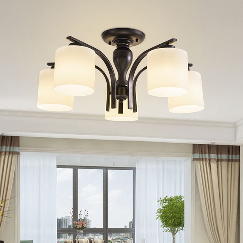 White Glass Cylinder Semi Mount Lighting Vintage 3/5/8-Light Living Room Flush Ceiling Light in Black 5 White Clearhalo 'Ceiling Lights' 'Close To Ceiling Lights' 'Close to ceiling' 'Semi-flushmount' Lighting' 1972227