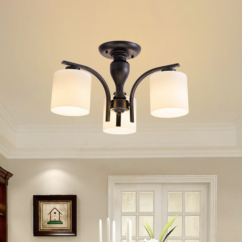 White Glass Cylinder Semi Mount Lighting Vintage 3/5/8-Light Living Room Flush Ceiling Light in Black 3 White Clearhalo 'Ceiling Lights' 'Close To Ceiling Lights' 'Close to ceiling' 'Semi-flushmount' Lighting' 1972231