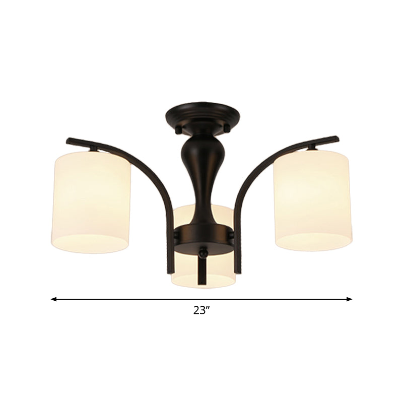 White Glass Cylinder Semi Mount Lighting Vintage 3/5/8-Light Living Room Flush Ceiling Light in Black Clearhalo 'Ceiling Lights' 'Close To Ceiling Lights' 'Close to ceiling' 'Semi-flushmount' Lighting' 1972235