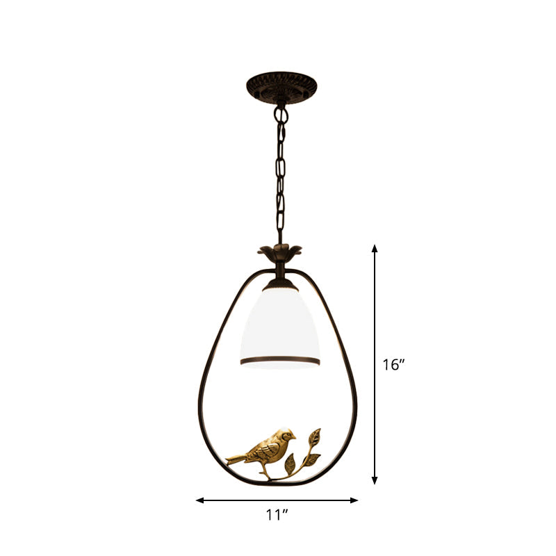 Rustic Oval/Round Pendulum Light 1 Bulb Metal Pendant Lamp in Black with Bell White Glass Shade and Bird Decoration Clearhalo 'Ceiling Lights' 'Pendant Lights' 'Pendants' Lighting' 1972266