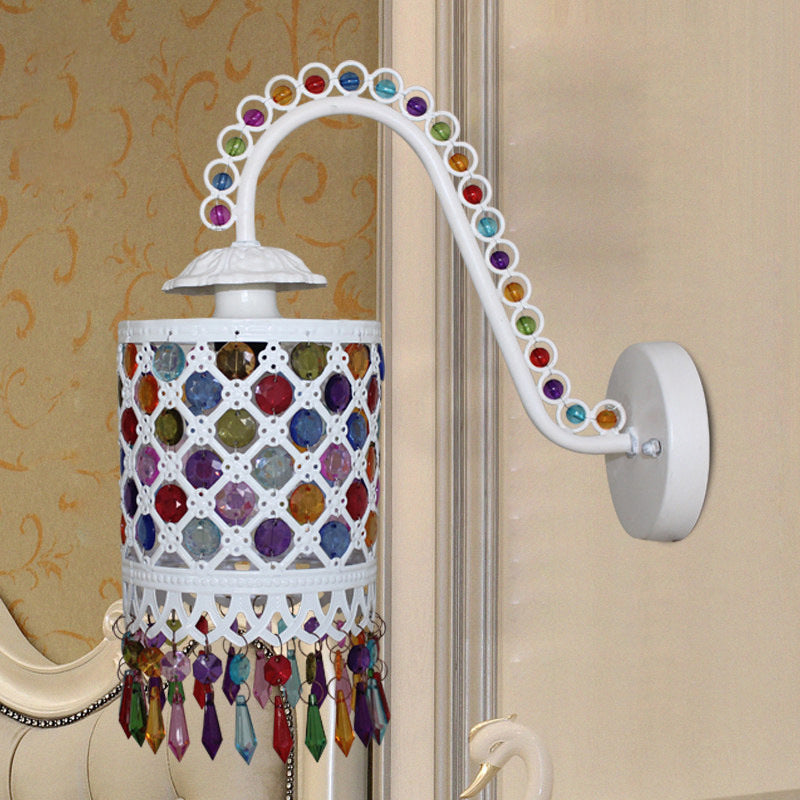 Iron White/Red Wall Sconce Cylinder 1 Head Bohemia Wall Mount Light with Beaded Fringe and Gooseneck Arm Clearhalo 'Wall Lamps & Sconces' 'Wall Lights' Lighting' 1972383