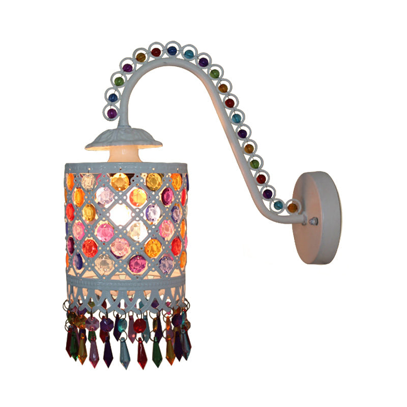 Iron White/Red Wall Sconce Cylinder 1 Head Bohemia Wall Mount Light with Beaded Fringe and Gooseneck Arm Clearhalo 'Wall Lamps & Sconces' 'Wall Lights' Lighting' 1972385