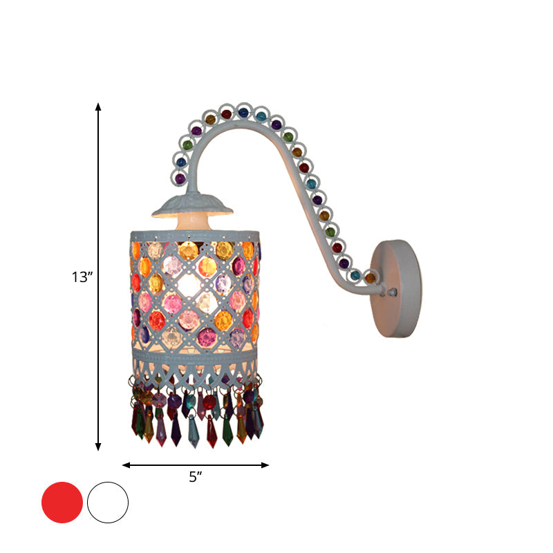 Iron White/Red Wall Sconce Cylinder 1 Head Bohemia Wall Mount Light with Beaded Fringe and Gooseneck Arm Clearhalo 'Wall Lamps & Sconces' 'Wall Lights' Lighting' 1972386