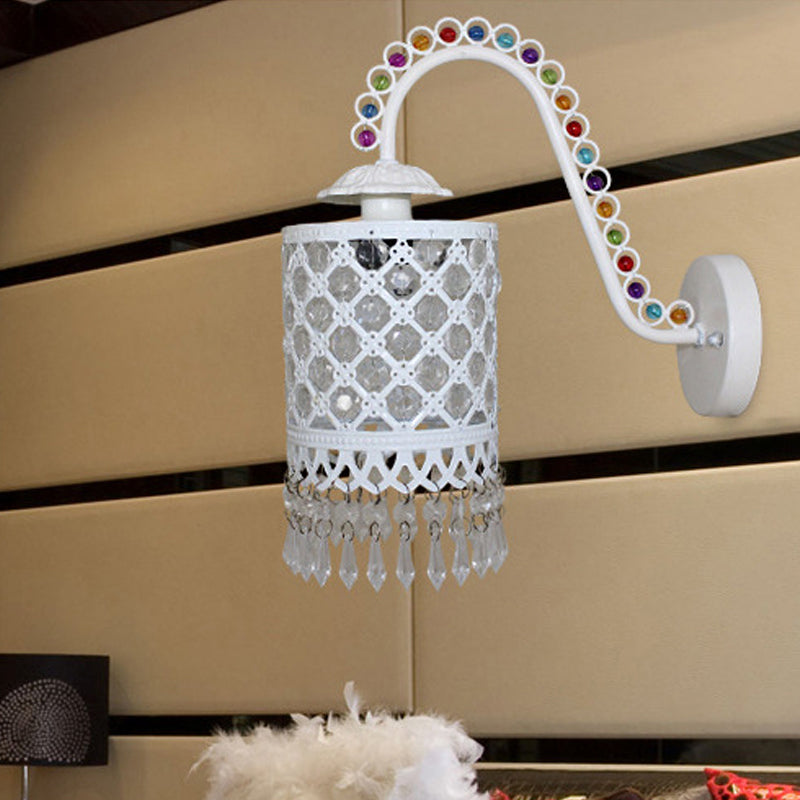 Iron White/Red Wall Sconce Cylinder 1 Head Bohemia Wall Mount Light with Beaded Fringe and Gooseneck Arm Clearhalo 'Wall Lamps & Sconces' 'Wall Lights' Lighting' 1972388