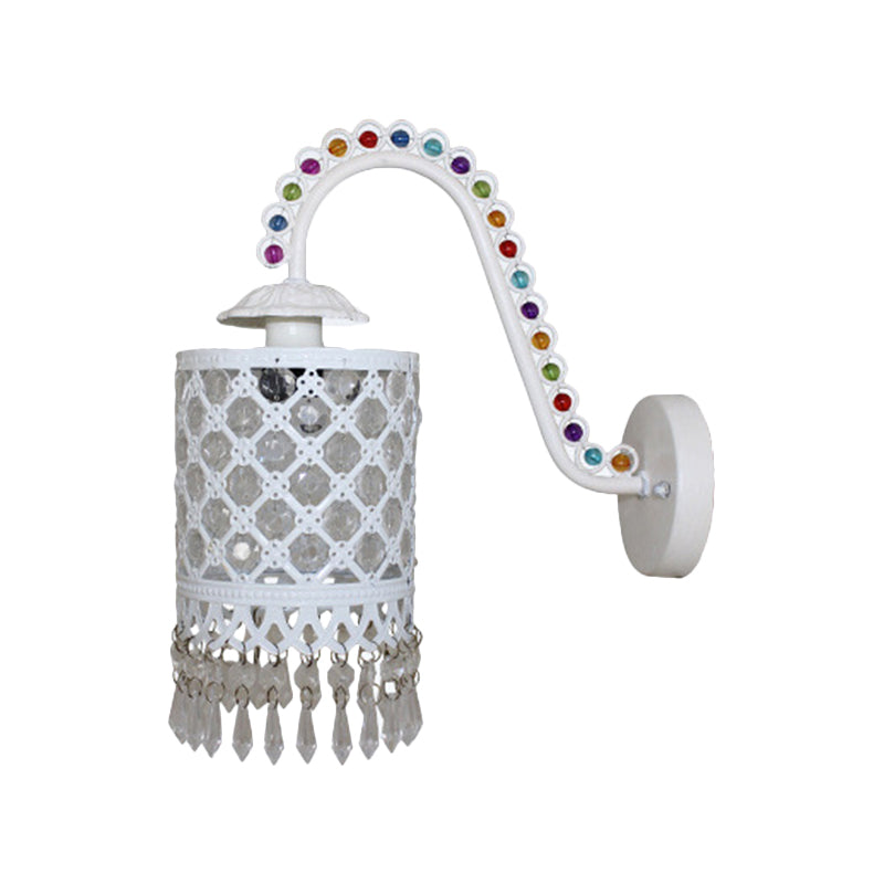 Iron White/Red Wall Sconce Cylinder 1 Head Bohemia Wall Mount Light with Beaded Fringe and Gooseneck Arm Clearhalo 'Wall Lamps & Sconces' 'Wall Lights' Lighting' 1972389