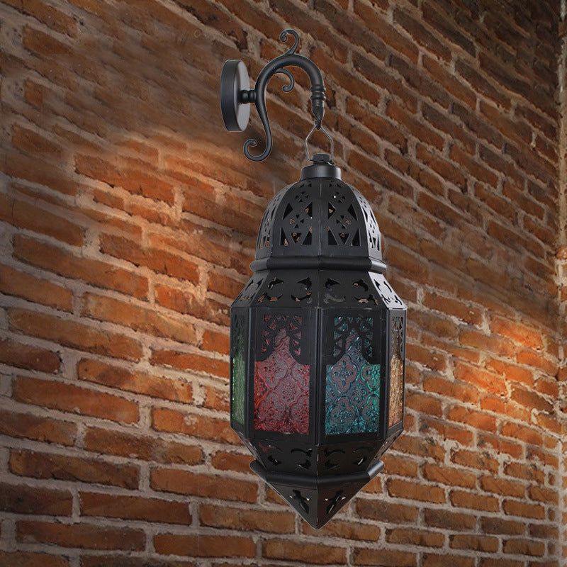 Stained Art Glass Censer Wall Lamp Turkish Single-Bulb Bistro Lantern Sconce in Black Clearhalo 'Wall Lamps & Sconces' 'Wall Lights' Lighting' 1972391