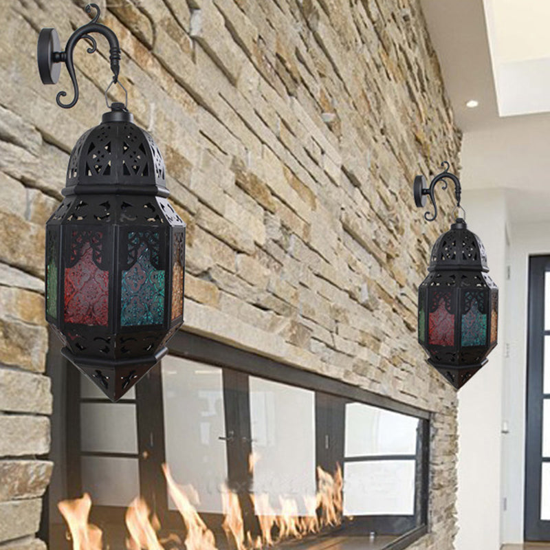 Stained Art Glass Censer Wall Lamp Turkish Single-Bulb Bistro Lantern Sconce in Black Clearhalo 'Wall Lamps & Sconces' 'Wall Lights' Lighting' 1972392