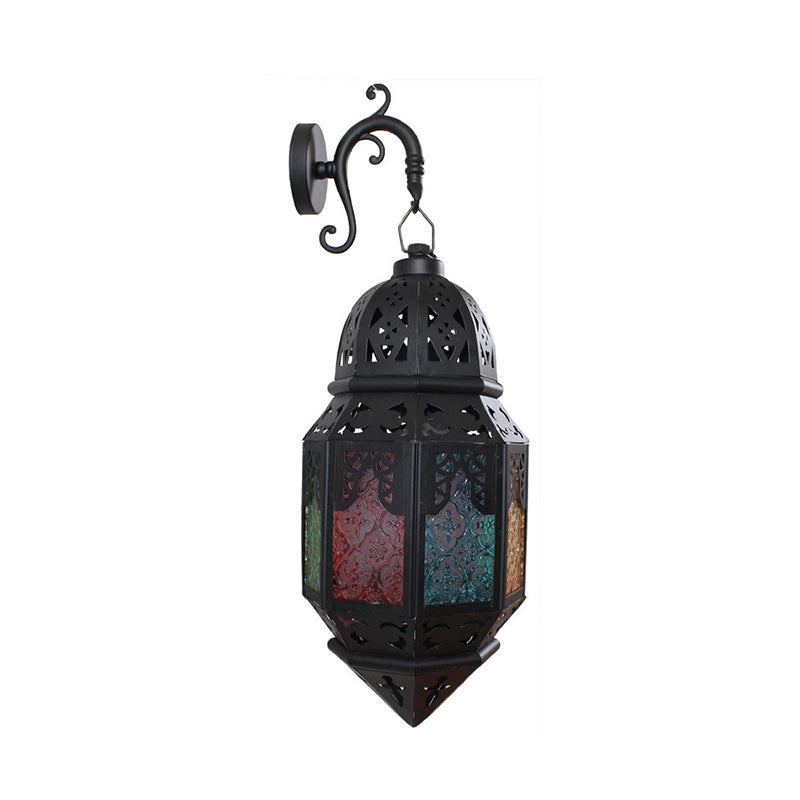 Stained Art Glass Censer Wall Lamp Turkish Single-Bulb Bistro Lantern Sconce in Black Clearhalo 'Wall Lamps & Sconces' 'Wall Lights' Lighting' 1972393