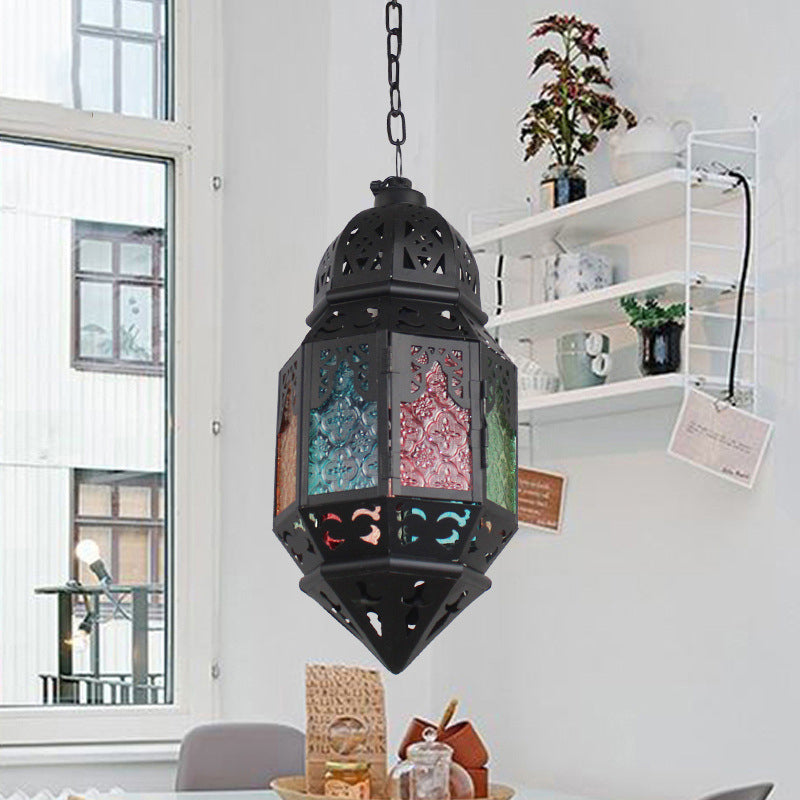 Moroccan Censer Ceiling Hanging Lantern 1-Light Stained Glass Down Lighting Pendant in Black Clearhalo 'Ceiling Lights' 'Pendant Lights' 'Pendants' Lighting' 1972396