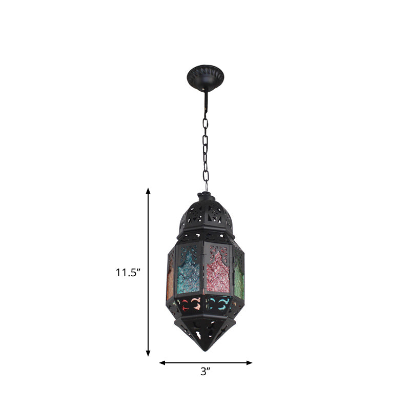 Moroccan Censer Ceiling Hanging Lantern 1-Light Stained Glass Down Lighting Pendant in Black Clearhalo 'Ceiling Lights' 'Pendant Lights' 'Pendants' Lighting' 1972399