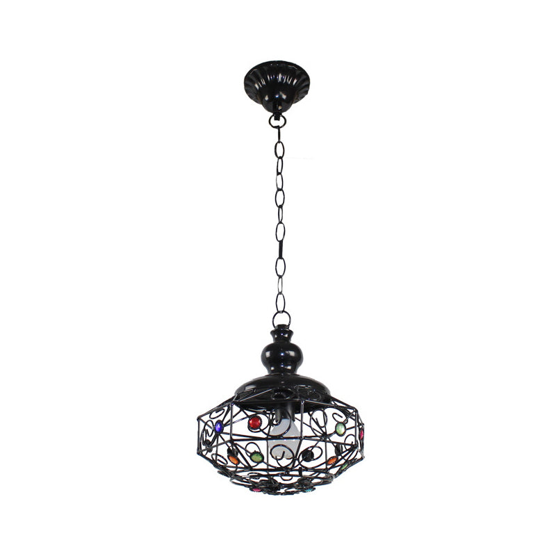 Barrel/Lantern/Scalloped Restaurant Pendant Rustic Iron 1 Light Black Hanging Ceiling Light with Colorful Bead Decor Clearhalo 'Ceiling Lights' 'Pendant Lights' 'Pendants' Lighting' 1972417