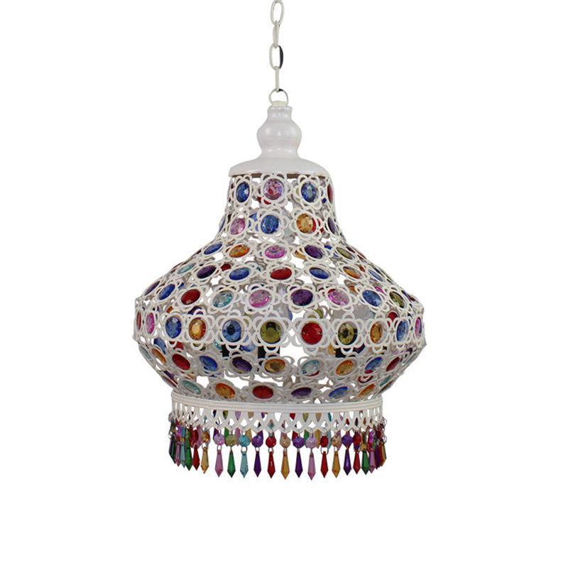 1-Bulb Beaded Pear Shaped Pendant Lamp Arabic Style White Metal Hanging Light Fixture with Fringe Trim, 7