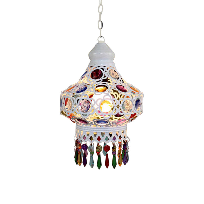 1-Bulb Beaded Pear Shaped Pendant Lamp Arabic Style White Metal Hanging Light Fixture with Fringe Trim, 7