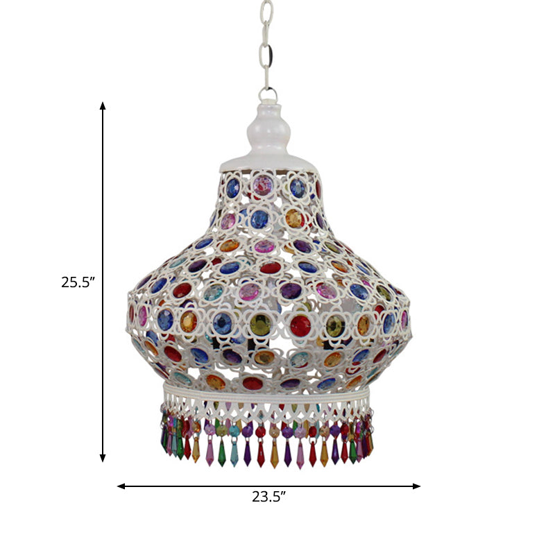 1-Bulb Beaded Pear Shaped Pendant Lamp Arabic Style White Metal Hanging Light Fixture with Fringe Trim, 7