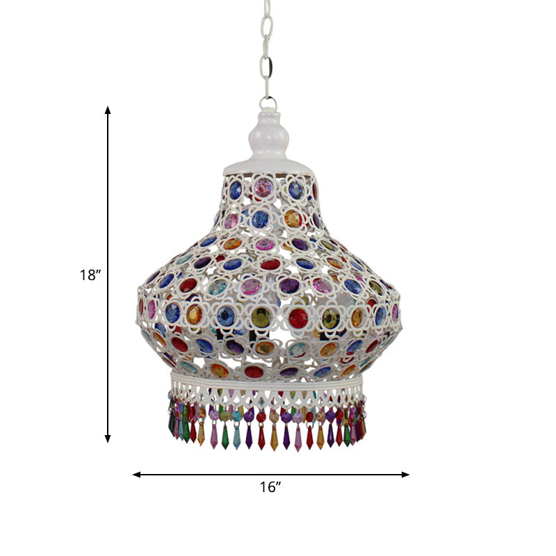 1-Bulb Beaded Pear Shaped Pendant Lamp Arabic Style White Metal Hanging Light Fixture with Fringe Trim, 7