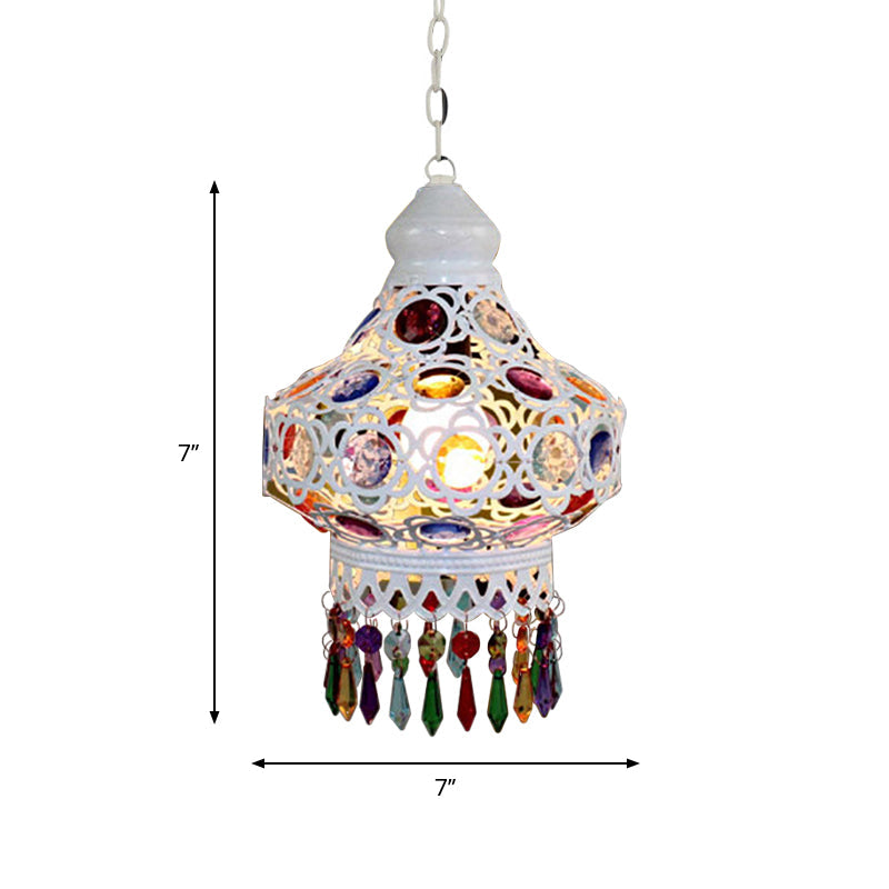 1-Bulb Beaded Pear Shaped Pendant Lamp Arabic Style White Metal Hanging Light Fixture with Fringe Trim, 7