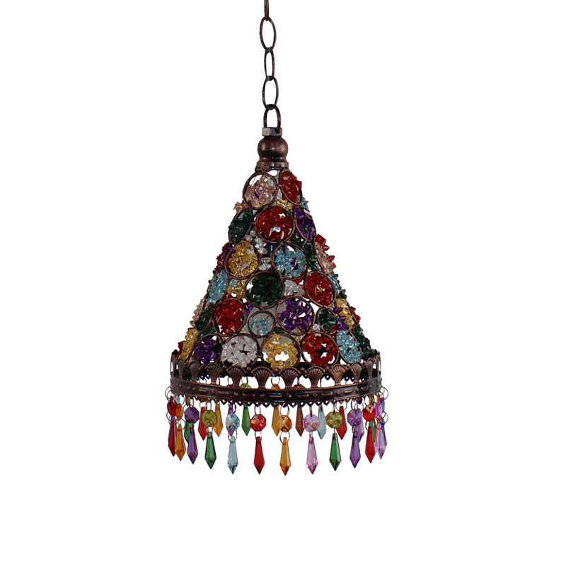 1 Head Ceiling Pendant Bohemian Bedroom Hanging Lamp with Cone/Gyro Stained Glass Shade in Copper Clearhalo 'Ceiling Lights' 'Pendant Lights' 'Pendants' Lighting' 1972439