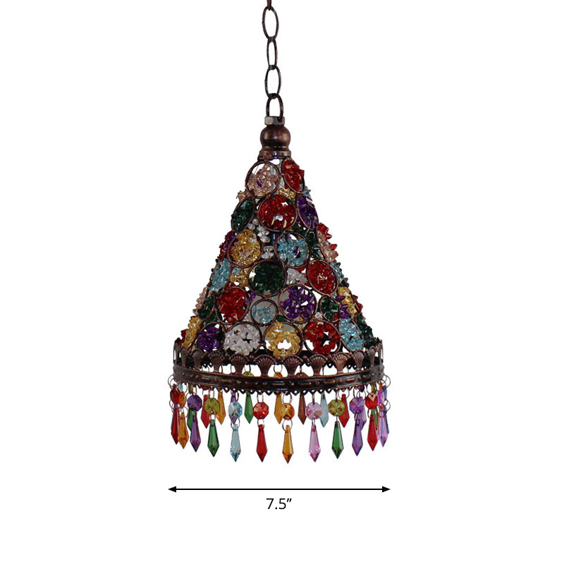 1 Head Ceiling Pendant Bohemian Bedroom Hanging Lamp with Cone/Gyro Stained Glass Shade in Copper Clearhalo 'Ceiling Lights' 'Pendant Lights' 'Pendants' Lighting' 1972440