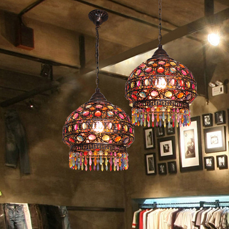 Bohemian Dome/Cylinder Pendulum Light Single-Bulb Stained Glass Ceiling Suspension Lamp in Copper with Fringe Clearhalo 'Ceiling Lights' 'Pendant Lights' 'Pendants' Lighting' 1972454