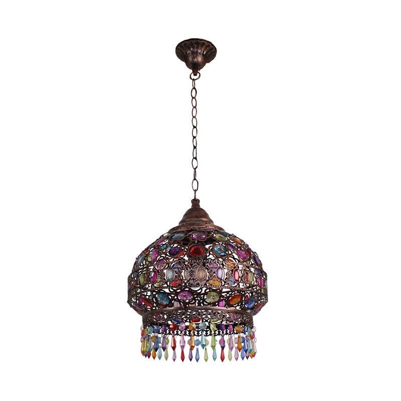 Bohemian Dome/Cylinder Pendulum Light Single-Bulb Stained Glass Ceiling Suspension Lamp in Copper with Fringe Clearhalo 'Ceiling Lights' 'Pendant Lights' 'Pendants' Lighting' 1972456