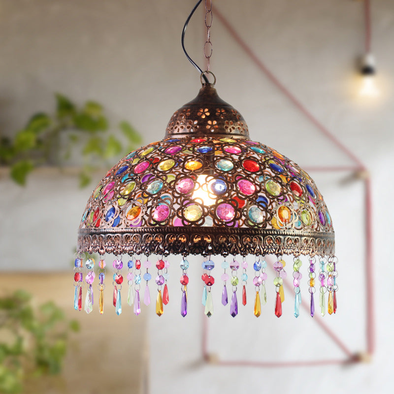 Gourd Bistro Hanging Pendant Bohemian Style Metal 1 Bulb Bronze/Copper Ceiling Light with Fringe and Bead Decor, 12