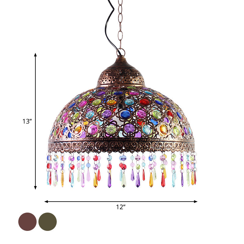 Gourd Bistro Hanging Pendant Bohemian Style Metal 1 Bulb Bronze/Copper Ceiling Light with Fringe and Bead Decor, 12