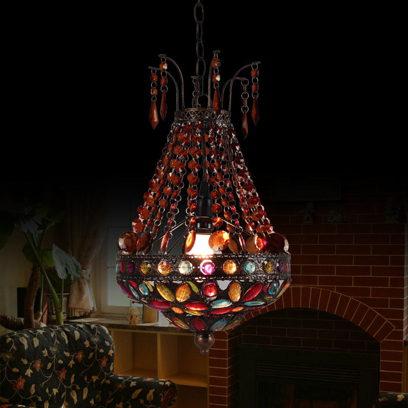 Stained Glass Beaded Teardrop Pendant Bohemian 1 Head Dining Room Hanging Ceiling Light in Copper Copper Clearhalo 'Ceiling Lights' 'Pendant Lights' 'Pendants' Lighting' 1972478_03ff6d83-76fe-4af2-8fef-0a4f5547ff95