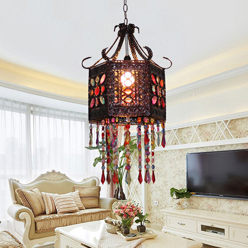 1-Head Stained Art Glass Pendant Lighting Bohemia Copper Hexagon Lantern Bedroom Ceiling Hang Light with Scroll Arm Clearhalo 'Ceiling Lights' 'Pendant Lights' 'Pendants' Lighting' 1972484