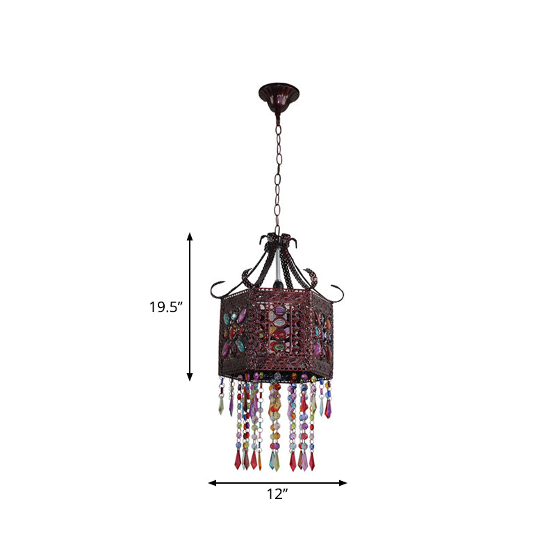 1-Head Stained Art Glass Pendant Lighting Bohemia Copper Hexagon Lantern Bedroom Ceiling Hang Light with Scroll Arm Clearhalo 'Ceiling Lights' 'Pendant Lights' 'Pendants' Lighting' 1972487