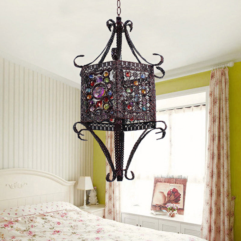 1-Head Stained Art Glass Pendant Lighting Bohemia Copper Hexagon Lantern Bedroom Ceiling Hang Light with Scroll Arm Clearhalo 'Ceiling Lights' 'Pendant Lights' 'Pendants' Lighting' 1972489