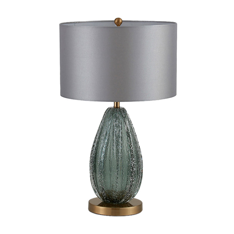 Blue Seeded Glass Ellipse Night Lamp Modern 1 Head Grey Table Light with Drum Fabric Shade, 12