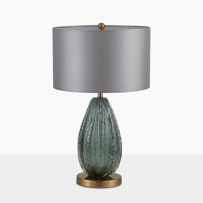 Blue Seeded Glass Ellipse Night Lamp Modern 1 Head Grey Table Light with Drum Fabric Shade, 12