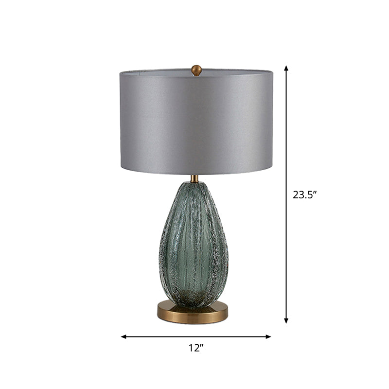 Blue Seeded Glass Ellipse Night Lamp Modern 1 Head Grey Table Light with Drum Fabric Shade, 12