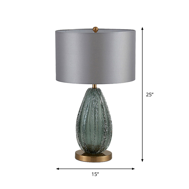 Blue Seeded Glass Ellipse Night Lamp Modern 1 Head Grey Table Light with Drum Fabric Shade, 12