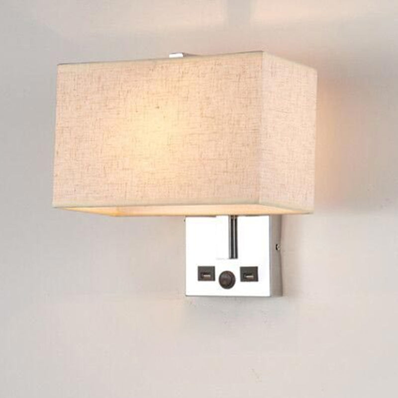 Fabric Rectangle Wall Light Kit Minimalist Single-Bulb Beige/Black/White Wall Lamp Fixture with USB Port Beige Clearhalo 'Cast Iron' 'Glass' 'Industrial' 'Modern wall lights' 'Modern' 'Tiffany' 'Traditional wall lights' 'Wall Lamps & Sconces' 'Wall Lights' Lighting' 1972891