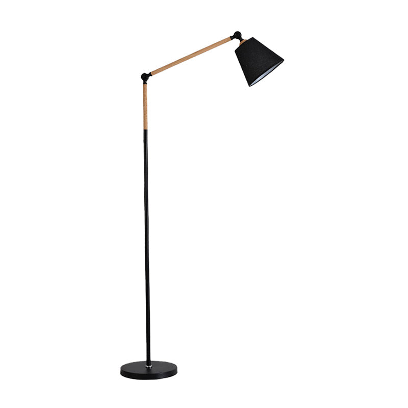 Tapered Floor Reading Lamp Nordic Fabric 1 Bulb Black/White and Wood Floor Light with Swing Arm Black A Clearhalo 'Floor Lamps' 'Lamps' Lighting' 1972939