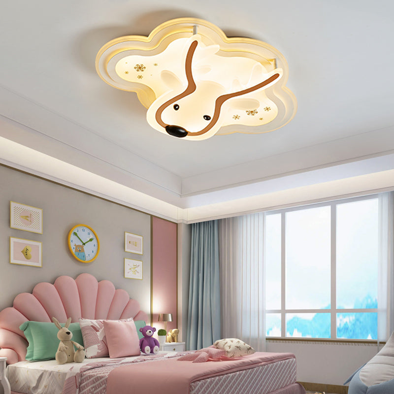 White Deer Face Flushmount Light with Cloud Canopy Animal Acrylic LED Ceiling Light for Nursing Room Beige 2 Color Clearhalo 'Ceiling Lights' 'Close To Ceiling Lights' 'Close to ceiling' 'Semi-flushmount' Lighting' 197320