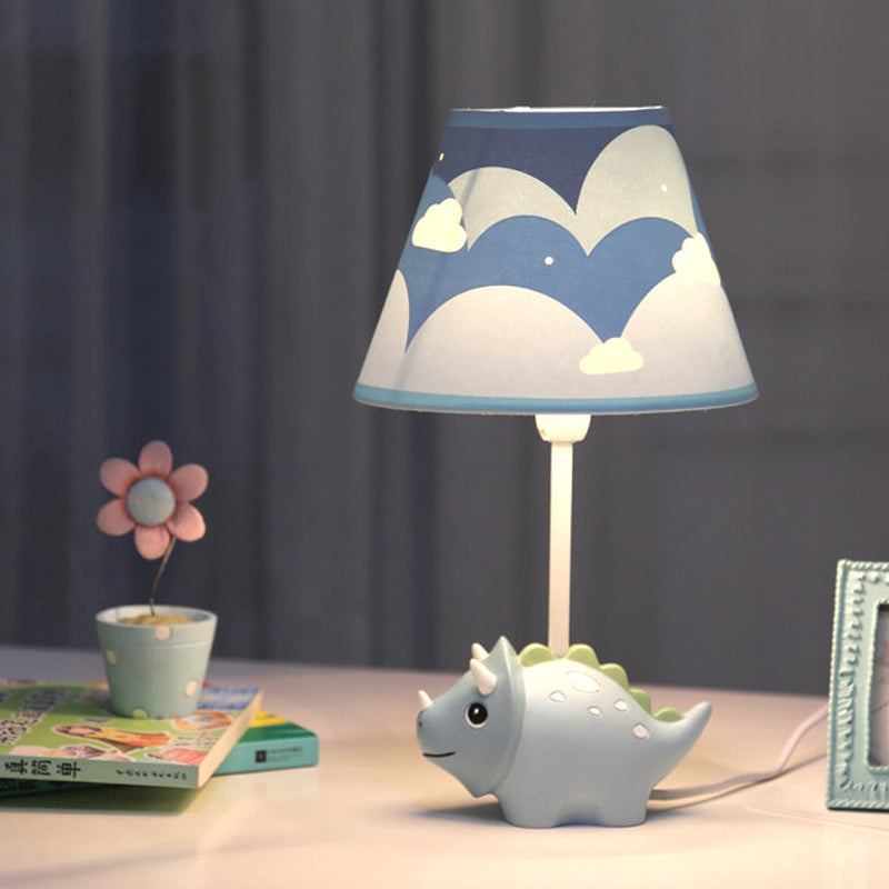 Lovely Blue Desk Light with Tapered Shade Little Dinosaur 1 Bulb Fabric Desk Lamp for Child Bedroom Blue Clearhalo 'Lamps' 'Table Lamps' Lighting' 197852