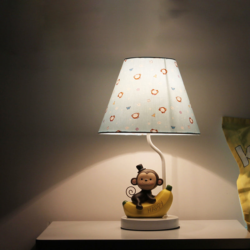 Fabric Floral Shade Table Light with Banana Monkey Kids Bedroom 1 Bulb Cartoon Reading Light in Beige Beige Clearhalo 'Lamps' 'Table Lamps' Lighting' 197994