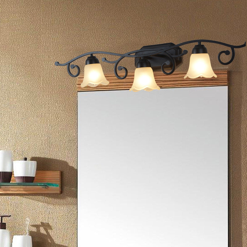 Floral White Glass Shade Vanity Lighting Countryside 2/3 Heads Bathroom Wall Mounted Lamp in Black Clearhalo 'Wall Lamps & Sconces' 'Wall Lights' Lighting' 1981734