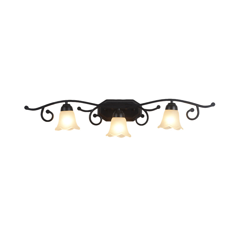 Floral White Glass Shade Vanity Lighting Countryside 2/3 Heads Bathroom Wall Mounted Lamp in Black Clearhalo 'Wall Lamps & Sconces' 'Wall Lights' Lighting' 1981735