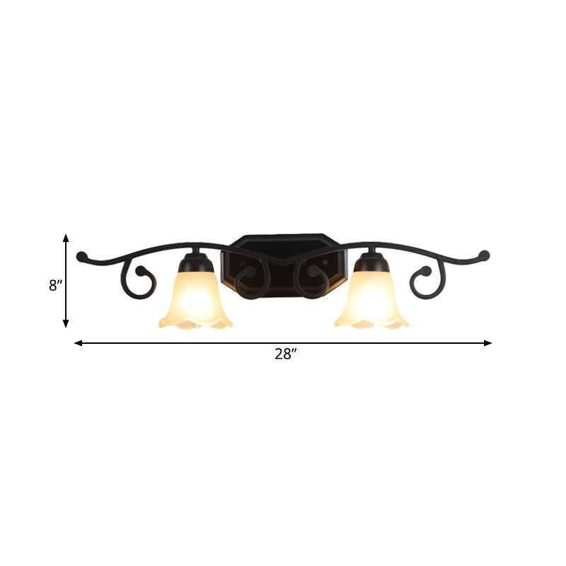 Floral White Glass Shade Vanity Lighting Countryside 2/3 Heads Bathroom Wall Mounted Lamp in Black Clearhalo 'Wall Lamps & Sconces' 'Wall Lights' Lighting' 1981739