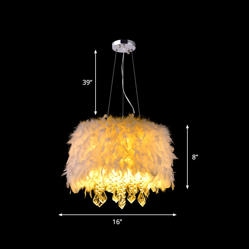 White Drum Pendant Chandelier Modern 5/6/9-Light Feather Hanging Lamp with Crystal Drop, 16