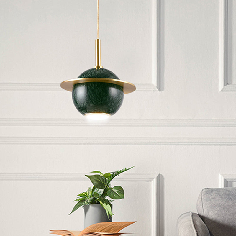 Designer Globe Hanging Light Marble Restaurant LED Pendant Lamp in Black/White/Green with Brass Ring Green Clearhalo 'Ceiling Lights' 'Modern Pendants' 'Modern' 'Pendant Lights' 'Pendants' Lighting' 1982201