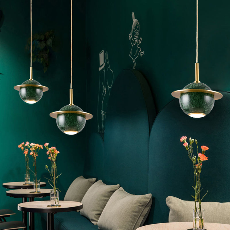 Designer Globe Hanging Light Marble Restaurant LED Pendant Lamp in Black/White/Green with Brass Ring Clearhalo 'Ceiling Lights' 'Modern Pendants' 'Modern' 'Pendant Lights' 'Pendants' Lighting' 1982203