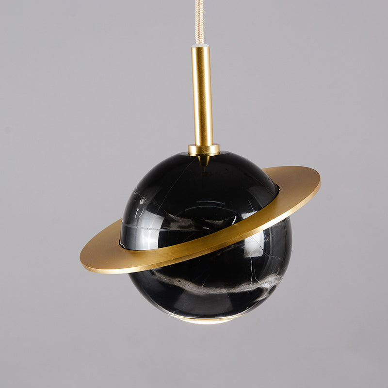 Designer Globe Hanging Light Marble Restaurant LED Pendant Lamp in Black/White/Green with Brass Ring Clearhalo 'Ceiling Lights' 'Modern Pendants' 'Modern' 'Pendant Lights' 'Pendants' Lighting' 1982212